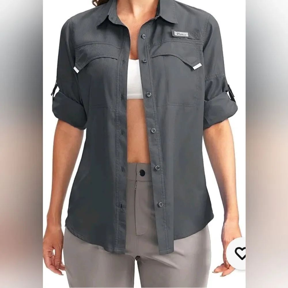 Pudolla XL Gray Lng RollupSlve Breathable Fishing Hiking Women Buttons Up Shirt